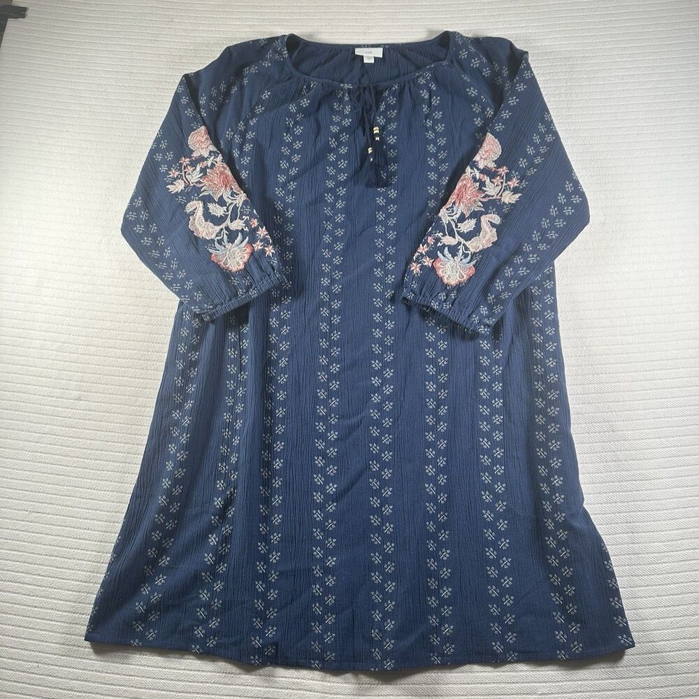 Jill Women’s Large Blue Boho Tunic Dress Embroidered Floral 3/4 Sleeve Peasant